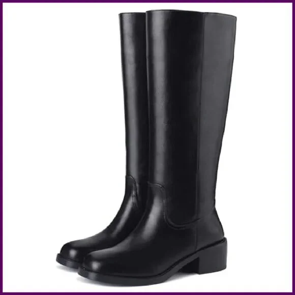 Women's Knee High Boots Square Toe Chunky Heel Pull On Wide Calf Size 7 - Picture 5 of 7